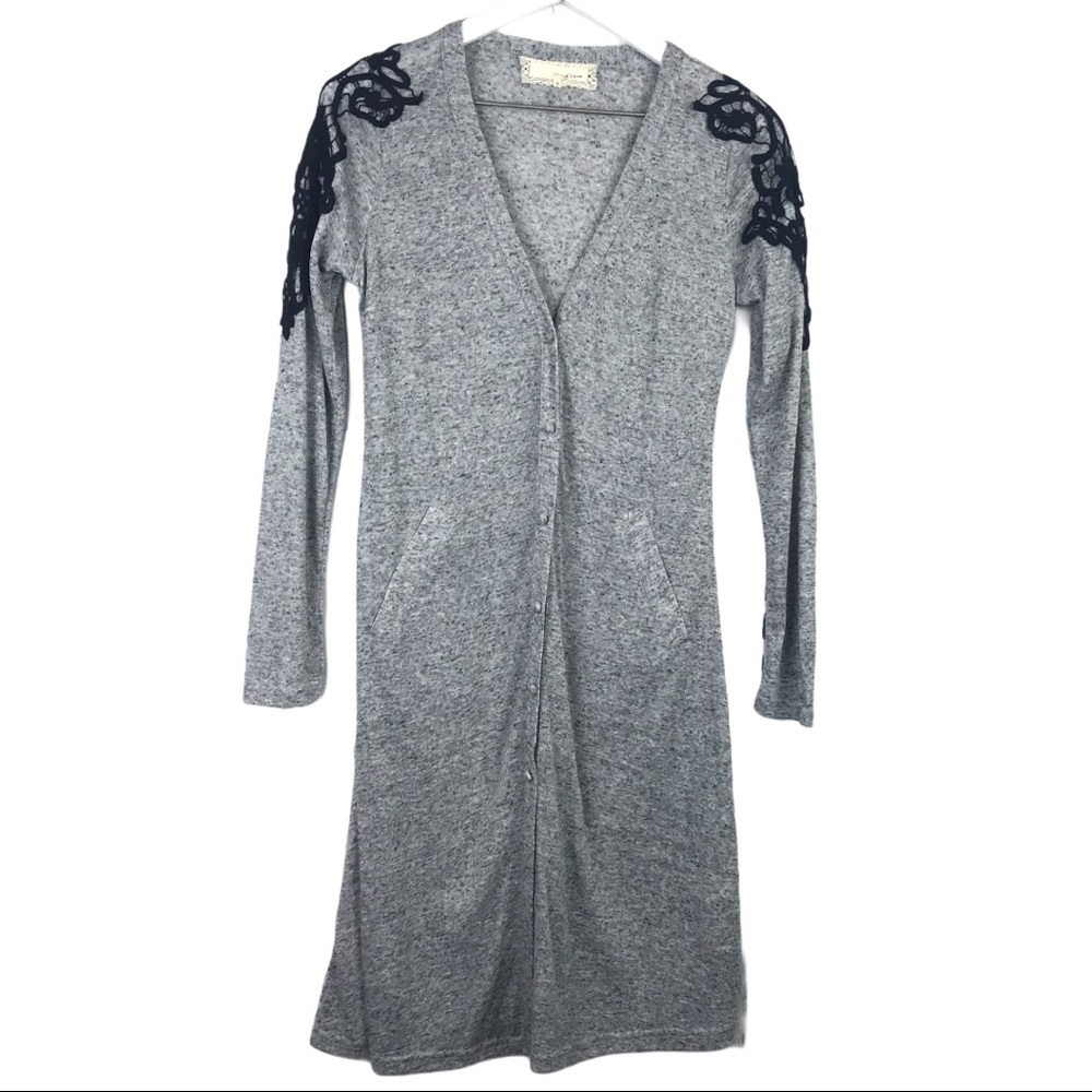 Areve Grey Long Button Down Linen Cardigan Duster Women Sz S